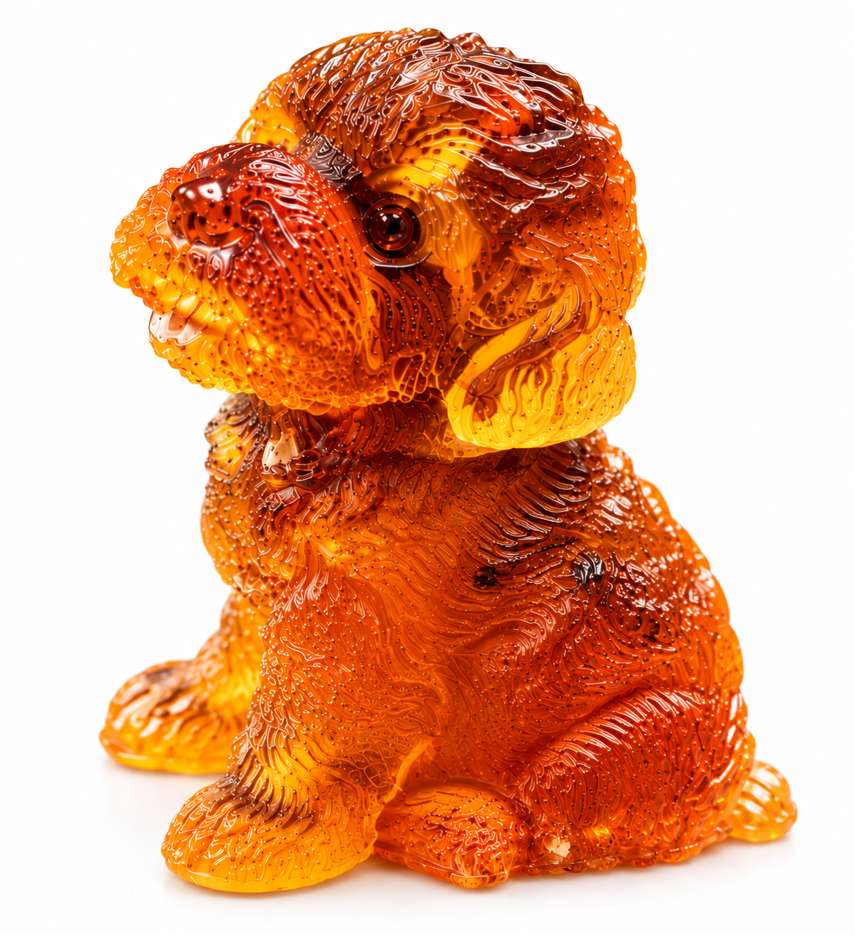 Made in USA natural Baltic amber Bichon Frise figurine, sitting fluffy puppy in cognac amber on white background — KIZIMA® Brooklyn NY