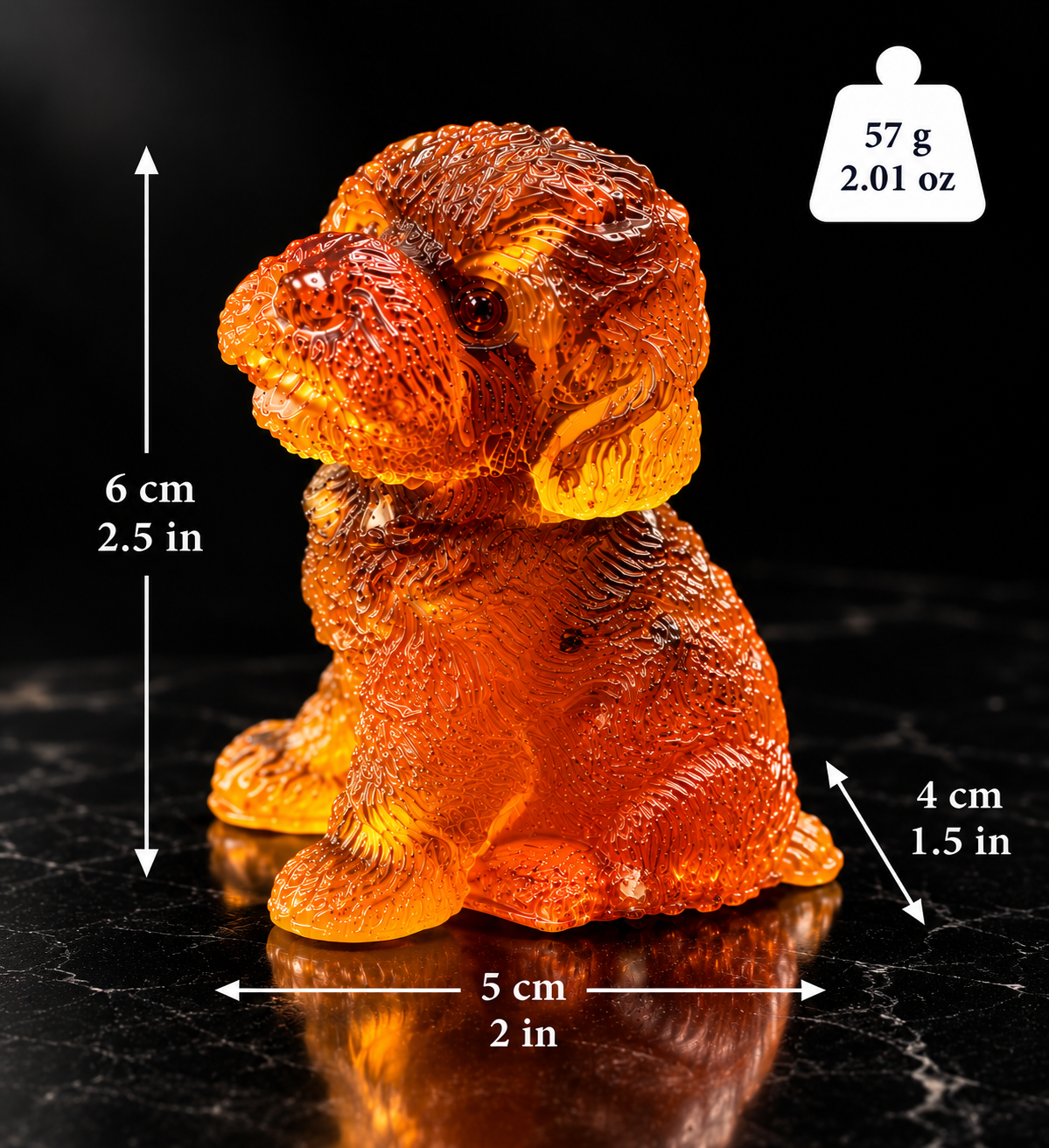 Made in USA natural Baltic amber Bichon Frise figurine size chart — sitting puppy 6 cm (2.5 in) tall, 5 cm (2 in) wide, 4 cm (1.5 in) deep, 57 g (2.01 oz) — KIZIMA® Brooklyn NY