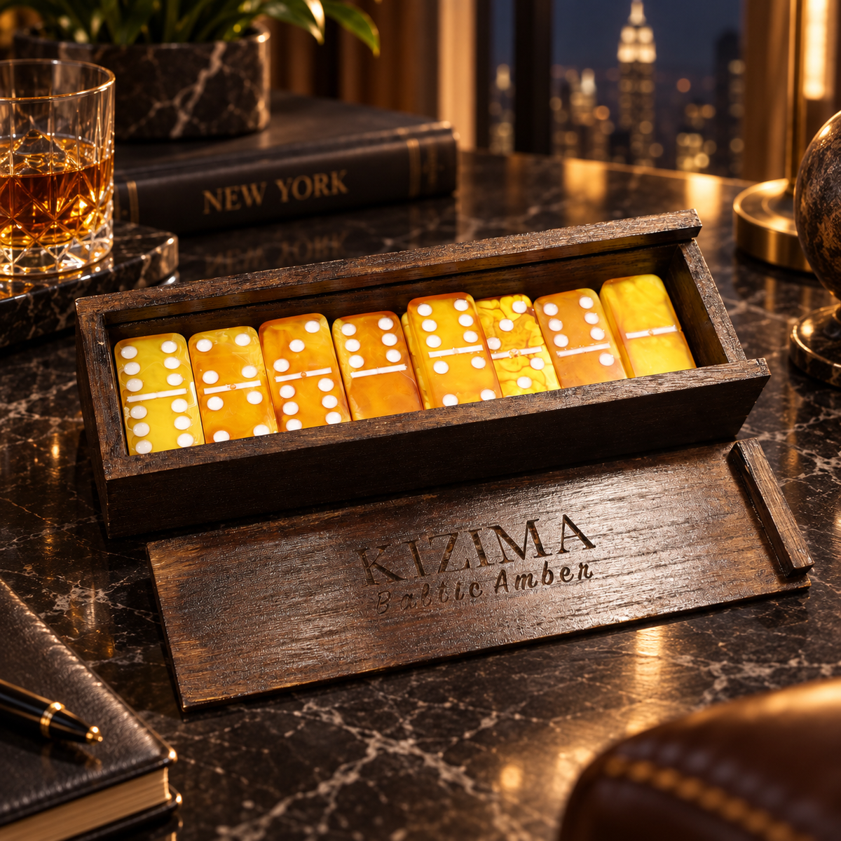 Handmade Baltic amber dominoes in KIZIMA® engraved wooden case on black marble table with whiskey glass — luxury executive gift, Made in USA
