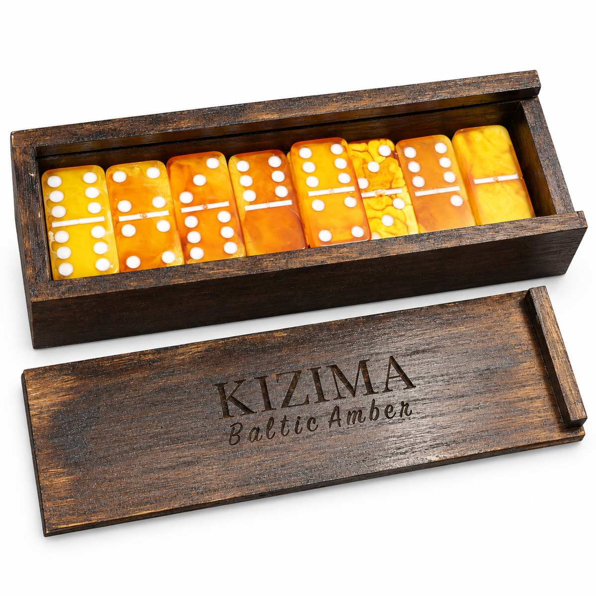 Made in USA Natural Baltic Amber Domino Set Double-6 KIZIMA® — 28 amber tiles in engraved wooden box with sliding lid, white background product photo