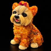 Made in USA natural Baltic amber extra large Yorkshire Terrier figurine, 17 cm sitting Yorkie with red bow in hand-laid amber mosaic on ceramic, black studio background — KIZIMA® Brooklyn NY