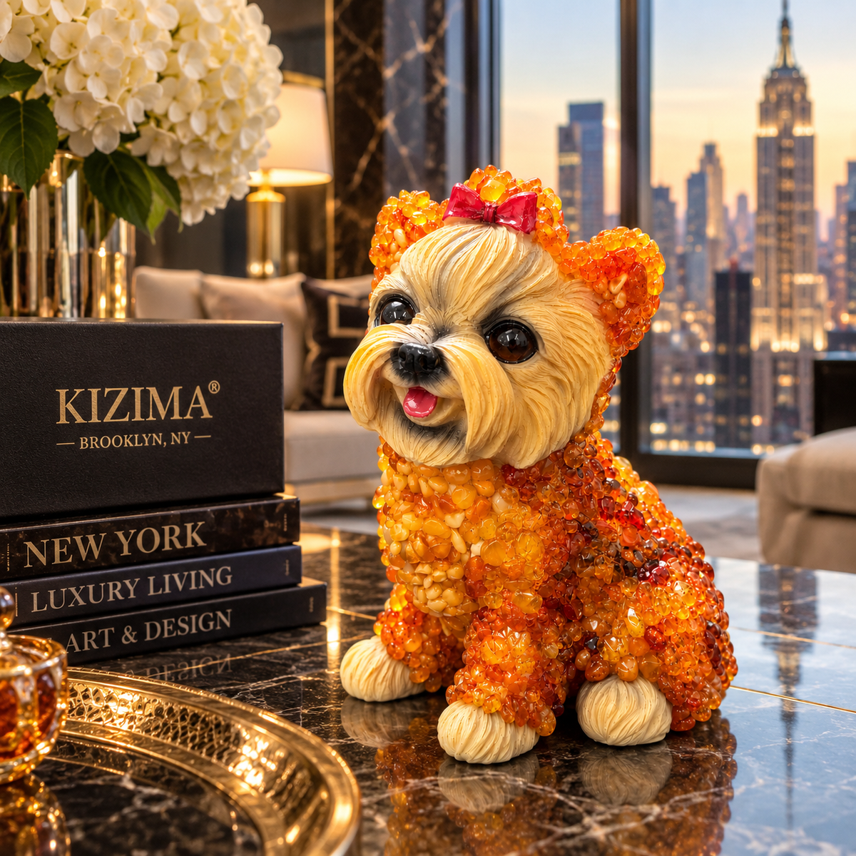 Made in USA natural Baltic amber extra large Yorkshire Terrier figurine on a marble console with Manhattan skyline — statement amber sculpture by KIZIMA® Brooklyn NY