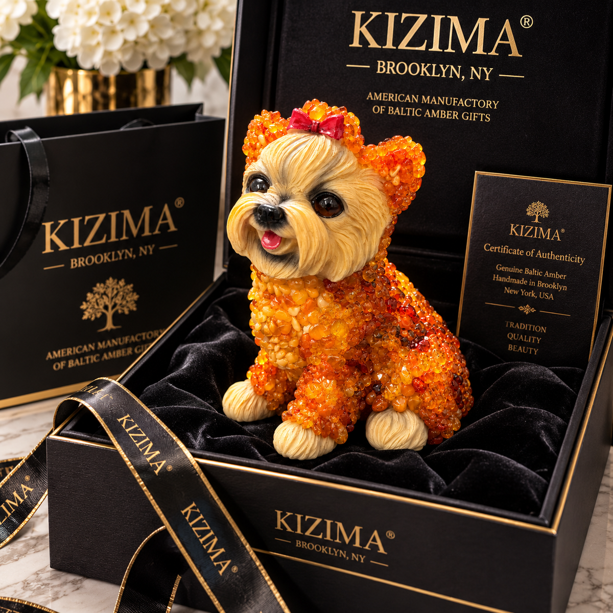 Made in USA natural Baltic amber extra large Yorkshire Terrier figurine in KIZIMA® gift box with ribbon and certificate — ready-to-give pet memorial gift