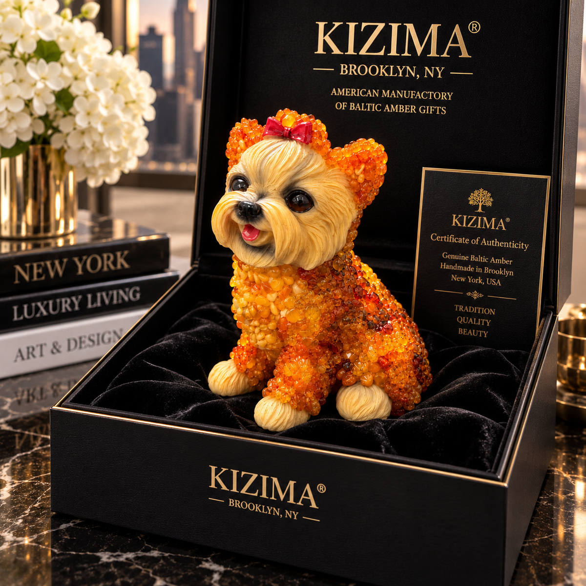 Made in USA natural Baltic amber extra large Yorkshire Terrier figurine in black KIZIMA® gift box with certificate of authenticity — luxury Yorkie lover gift