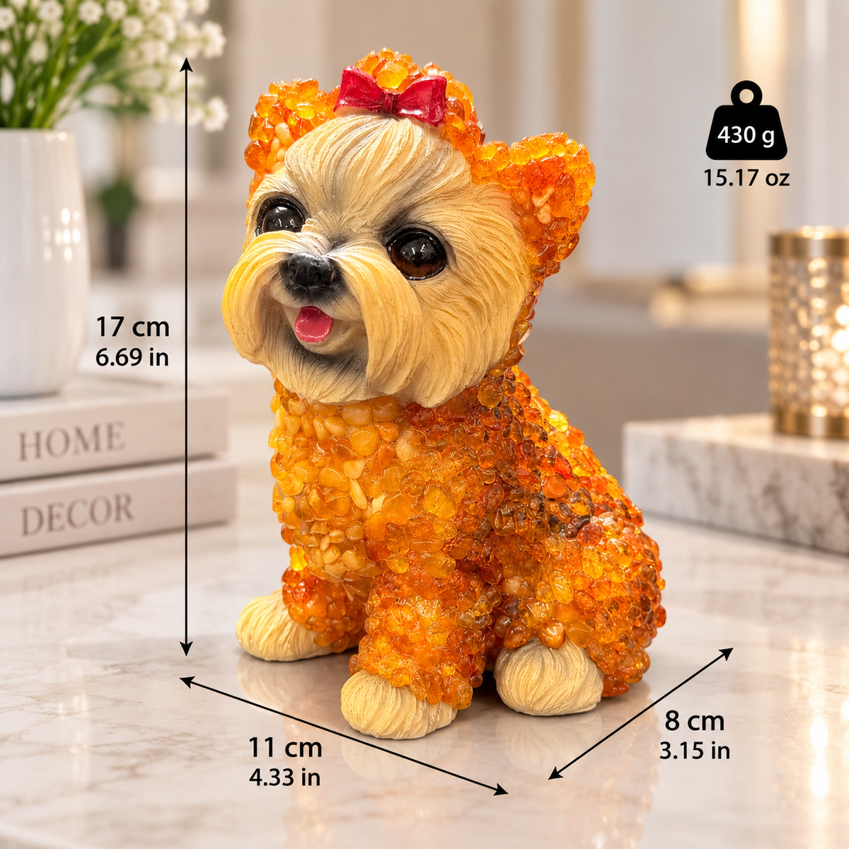 Made in USA natural Baltic amber extra large Yorkshire Terrier figurine size chart — 17 cm (6.69 in) tall, 11 cm (4.33 in) wide, 8 cm (3.15 in) deep, 430 g (15.17 oz) — KIZIMA® Brooklyn NY