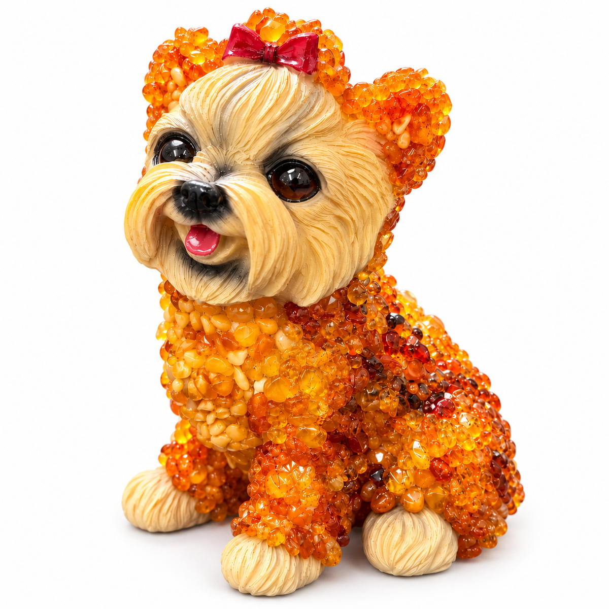 Made in USA natural Baltic amber extra large Yorkshire Terrier figurine on white background — sitting Yorkie in amber mosaic on ceramic, KIZIMA® Brooklyn NY