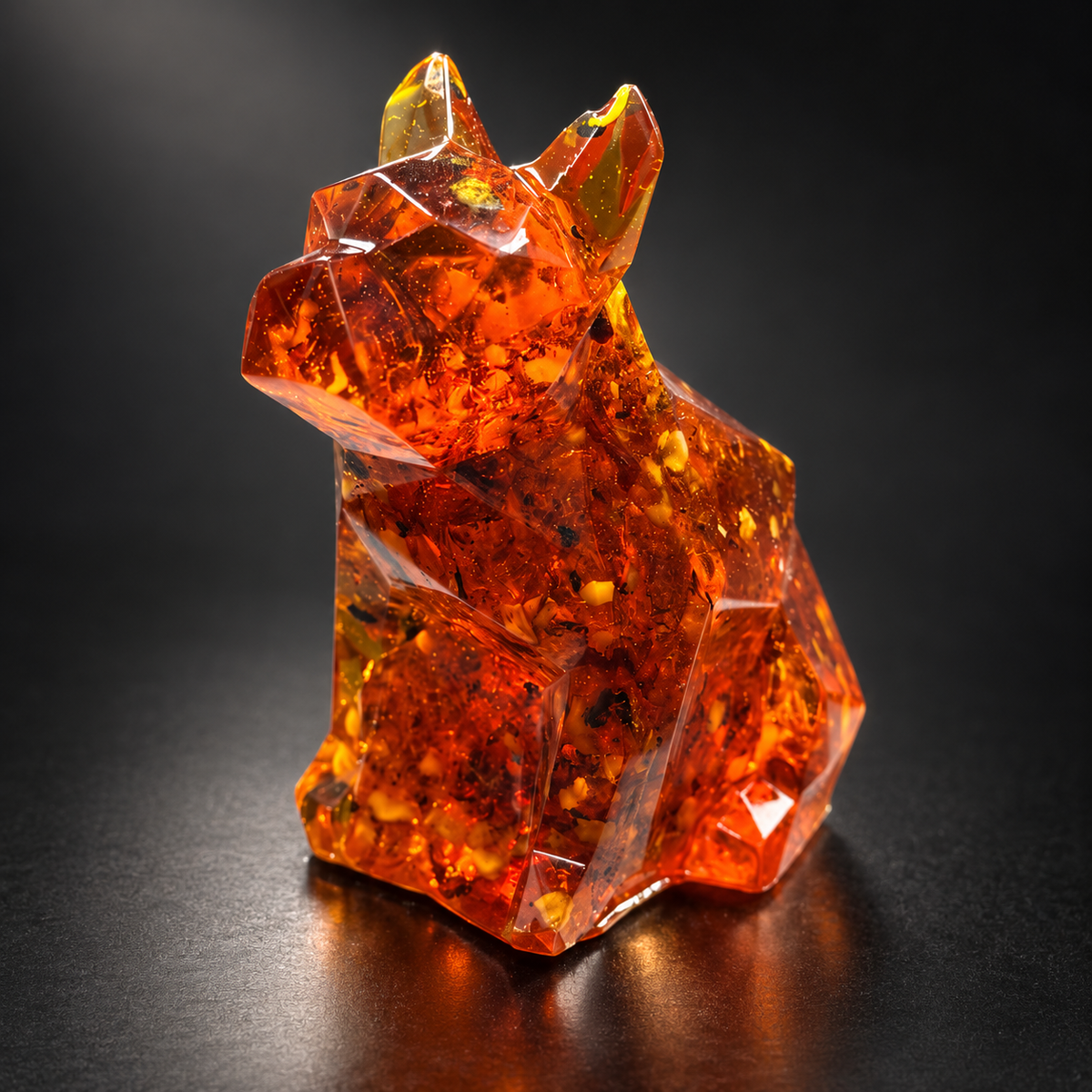 Made in USA natural Baltic amber French Bulldog figurine, faceted geometric sitting Frenchie glowing cognac-orange on black studio background — KIZIMA® Brooklyn NY