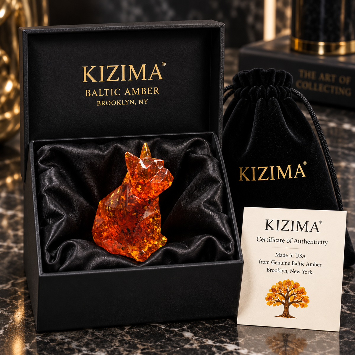 Made in USA natural Baltic amber French Bulldog figurine in black KIZIMA® gift box with velvet pouch and certificate of authenticity — ready-to-give Frenchie lover gift