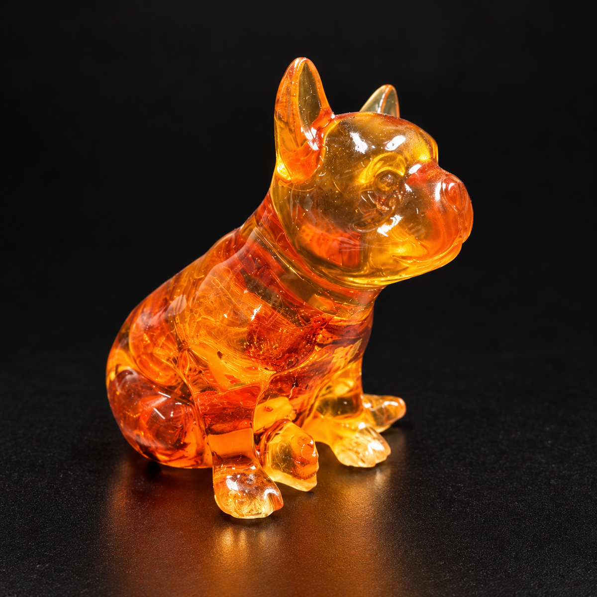 Made in USA natural Baltic amber French Bulldog figurine, sitting glossy Frenchie with bat ears glowing honey-orange on black studio background — KIZIMA® Brooklyn NY