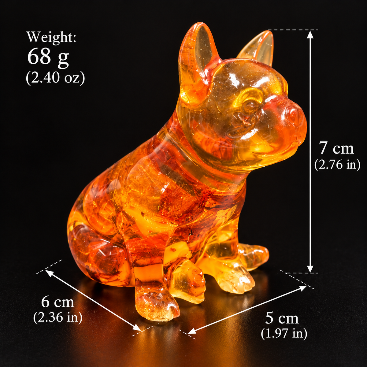 Made in USA natural Baltic amber sitting French Bulldog figurine size chart — 7 cm (2.76 in) tall, 6 cm (2.36 in) deep, 5 cm (1.97 in) wide, 68 g (2.40 oz) — KIZIMA® Brooklyn NY