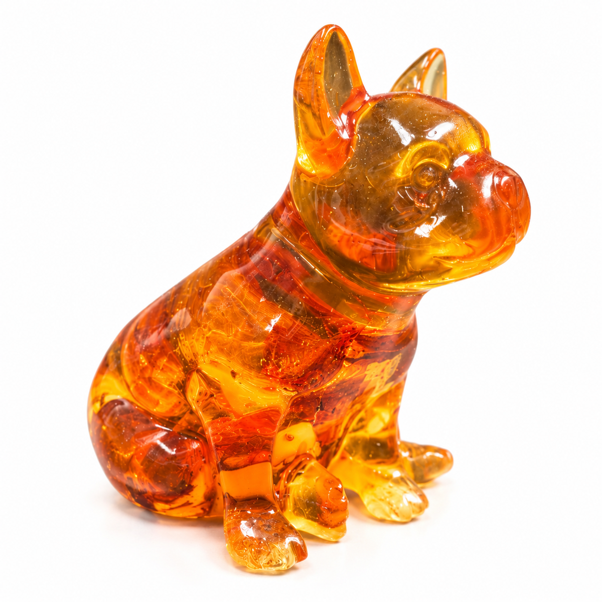 Made in USA natural Baltic amber sitting French Bulldog figurine on white background — translucent honey-cognac Frenchie with natural amber banding, KIZIMA® Brooklyn NY