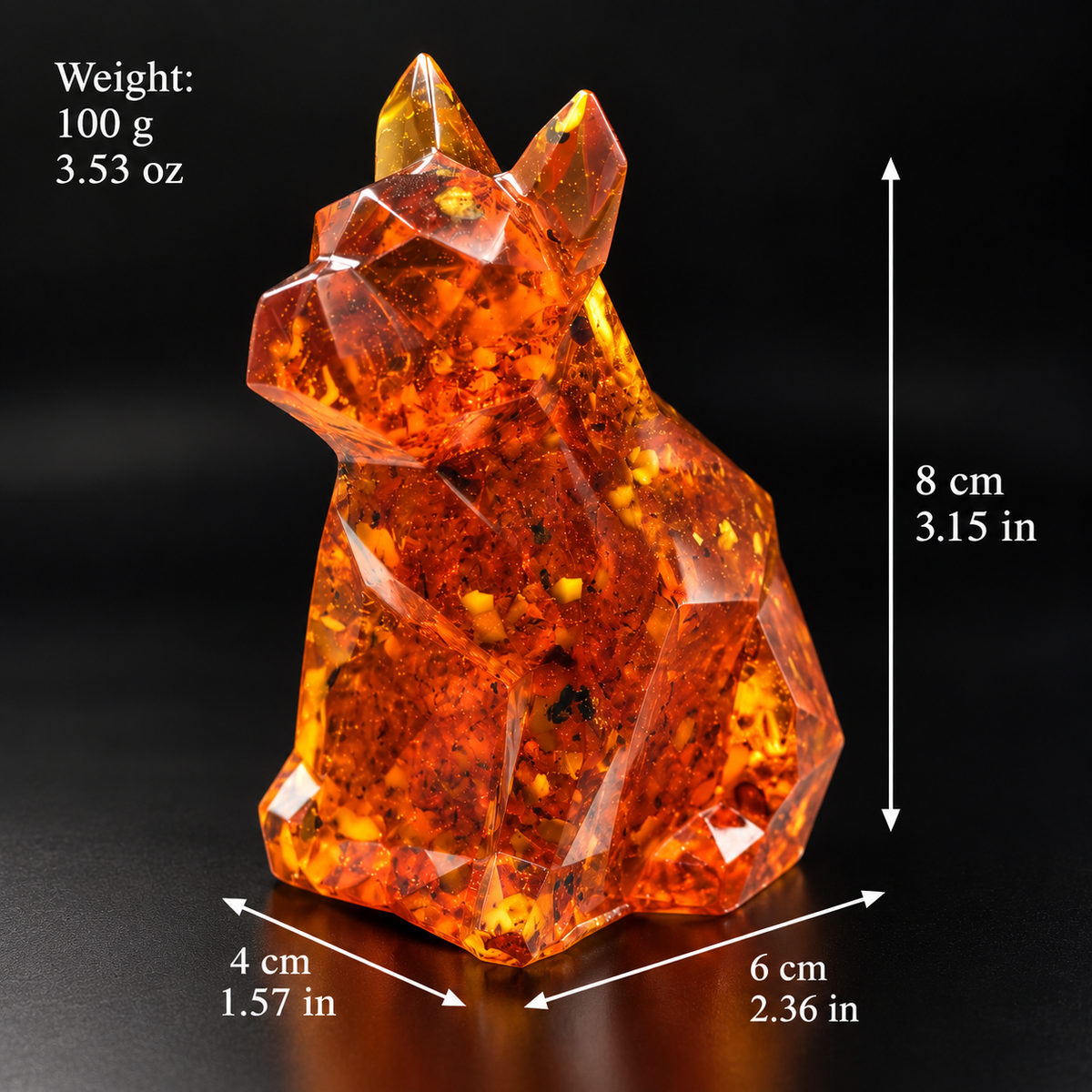 Made in USA natural Baltic amber French Bulldog figurine size chart — 8 cm (3.15 in) tall, 6 cm (2.36 in) deep, 4 cm (1.57 in) wide, 100 g (3.53 oz) — KIZIMA® Brooklyn NY