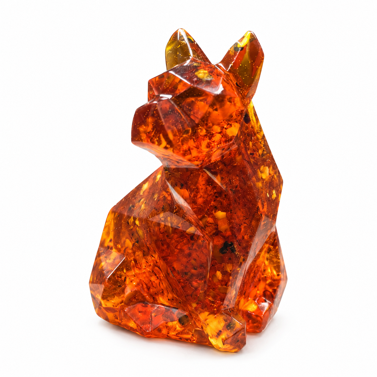 Made in USA natural Baltic amber French Bulldog figurine on white background — low-poly faceted sitting bulldog in cognac amber with natural inclusions, KIZIMA® Brooklyn NY