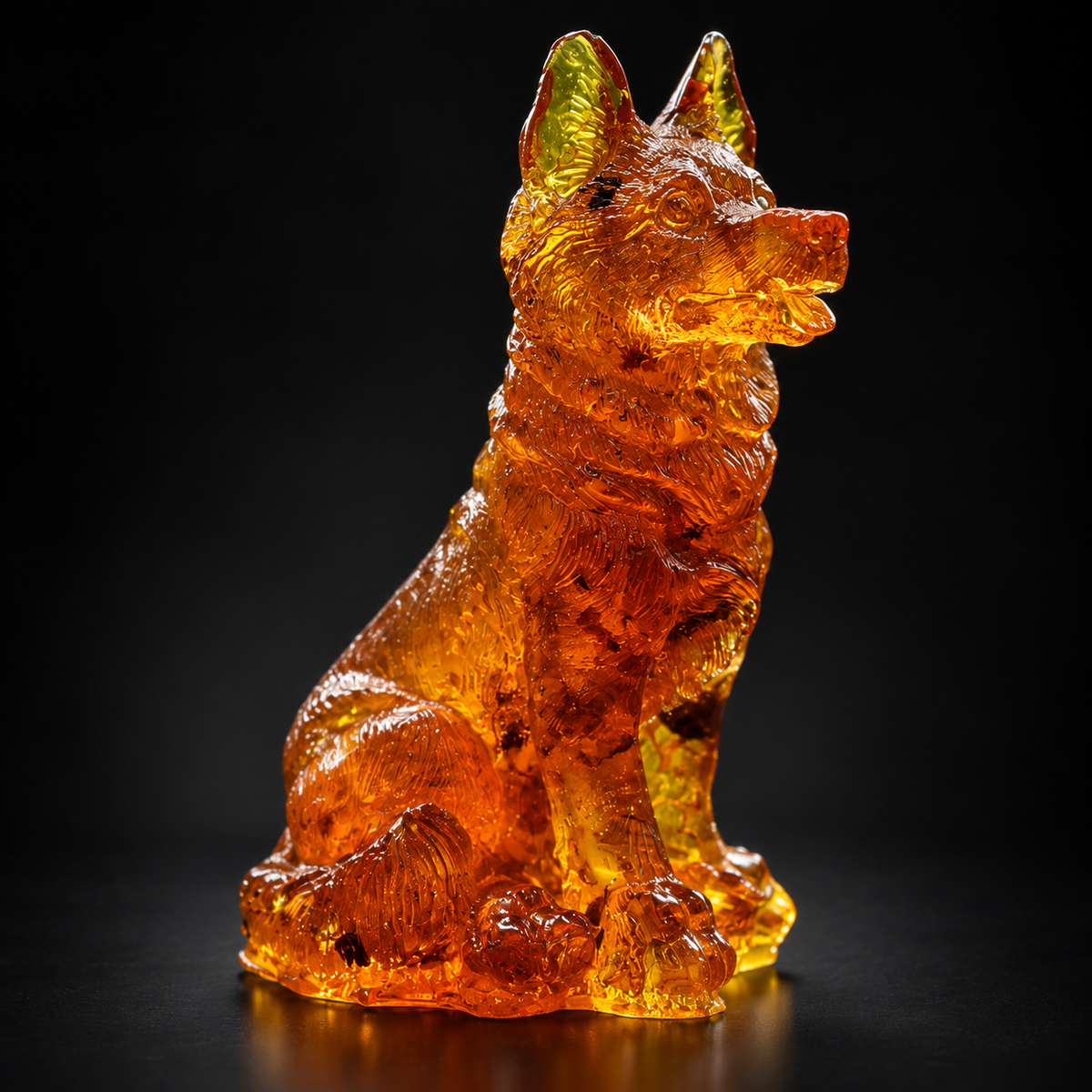 Made in USA Natural Baltic Amber German Shepherd figurine by KIZIMA® on a black studio backdrop, K9 and dog lover gift