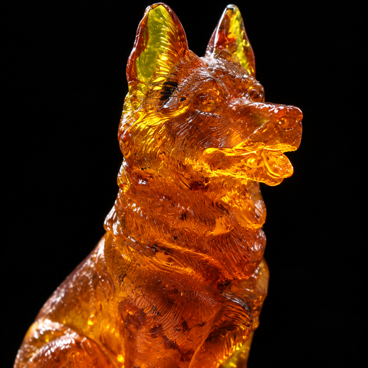 Macro detail of the amber German Shepherd head, raised ears and natural inclusions, Made in USA by KIZIMA®