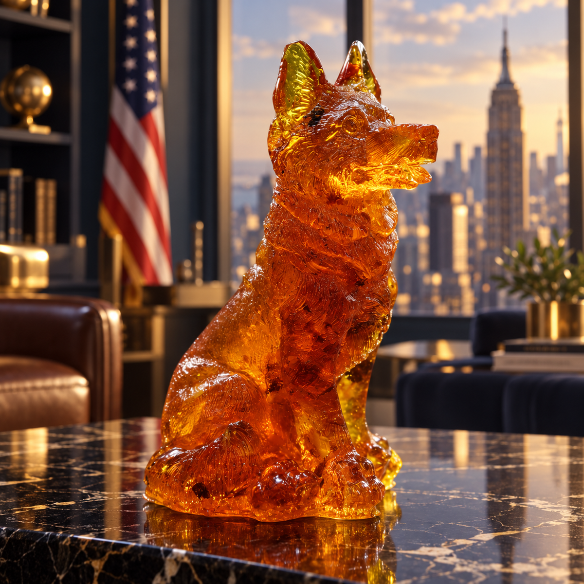 Baltic amber German Shepherd dog sculpture on a shelf in a Manhattan interior, handcrafted in Brooklyn by KIZIMA®
