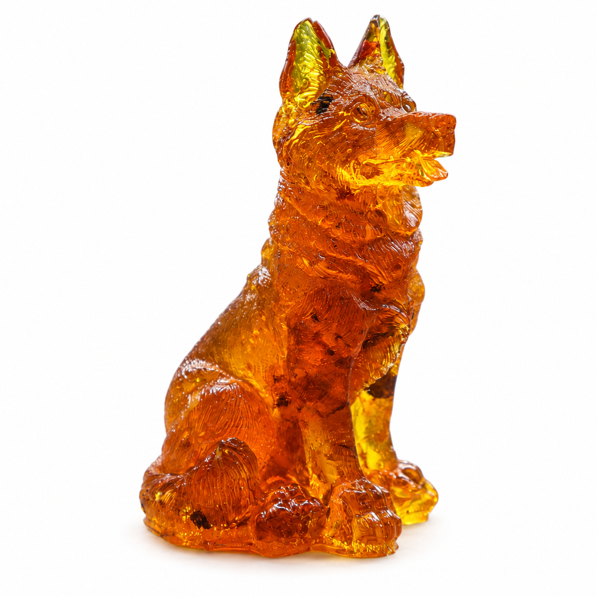 Genuine Baltic amber German Shepherd dog figurine on a white background, handmade in USA by KIZIMA®