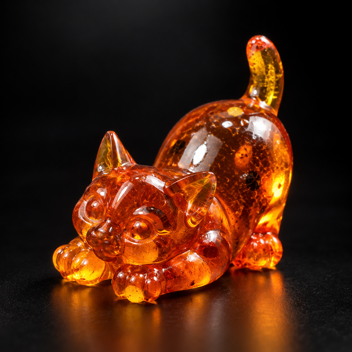 Golden Baltic amber cat figurine glowing on black studio background — one-of-a-kind amber collectible, made in USA by KIZIMA®