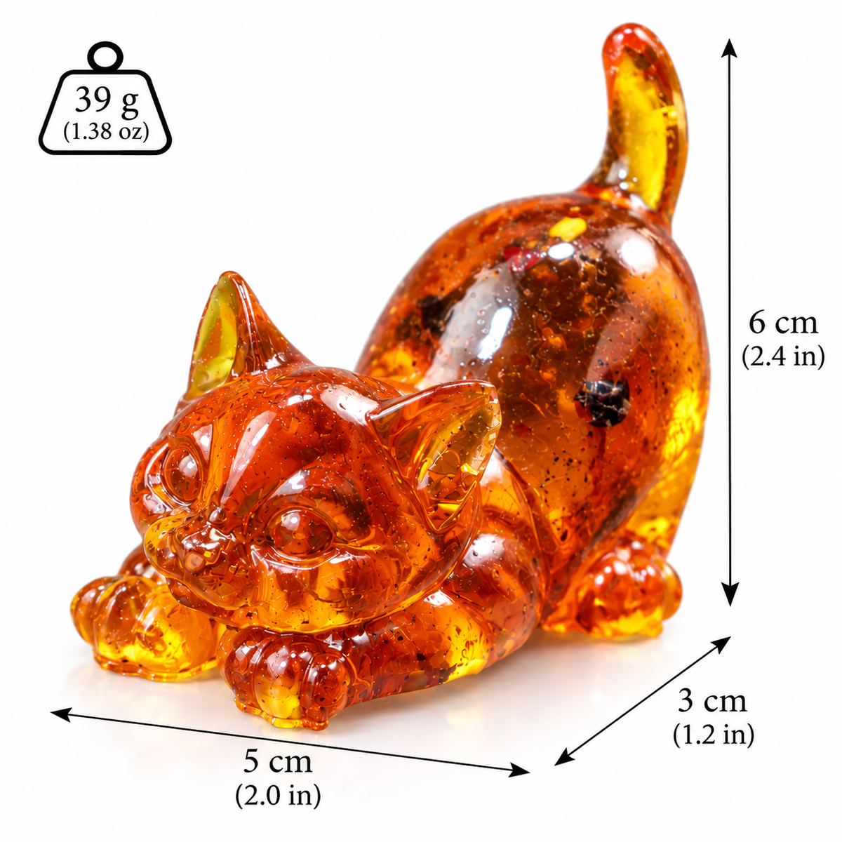Baltic amber stretching cat figurine dimensions: 6 cm (2.4 in) height, 5 cm (2 in) length, 3 cm (1.2 in) depth, 39 g (1.38 oz) — KIZIMA® made in USA