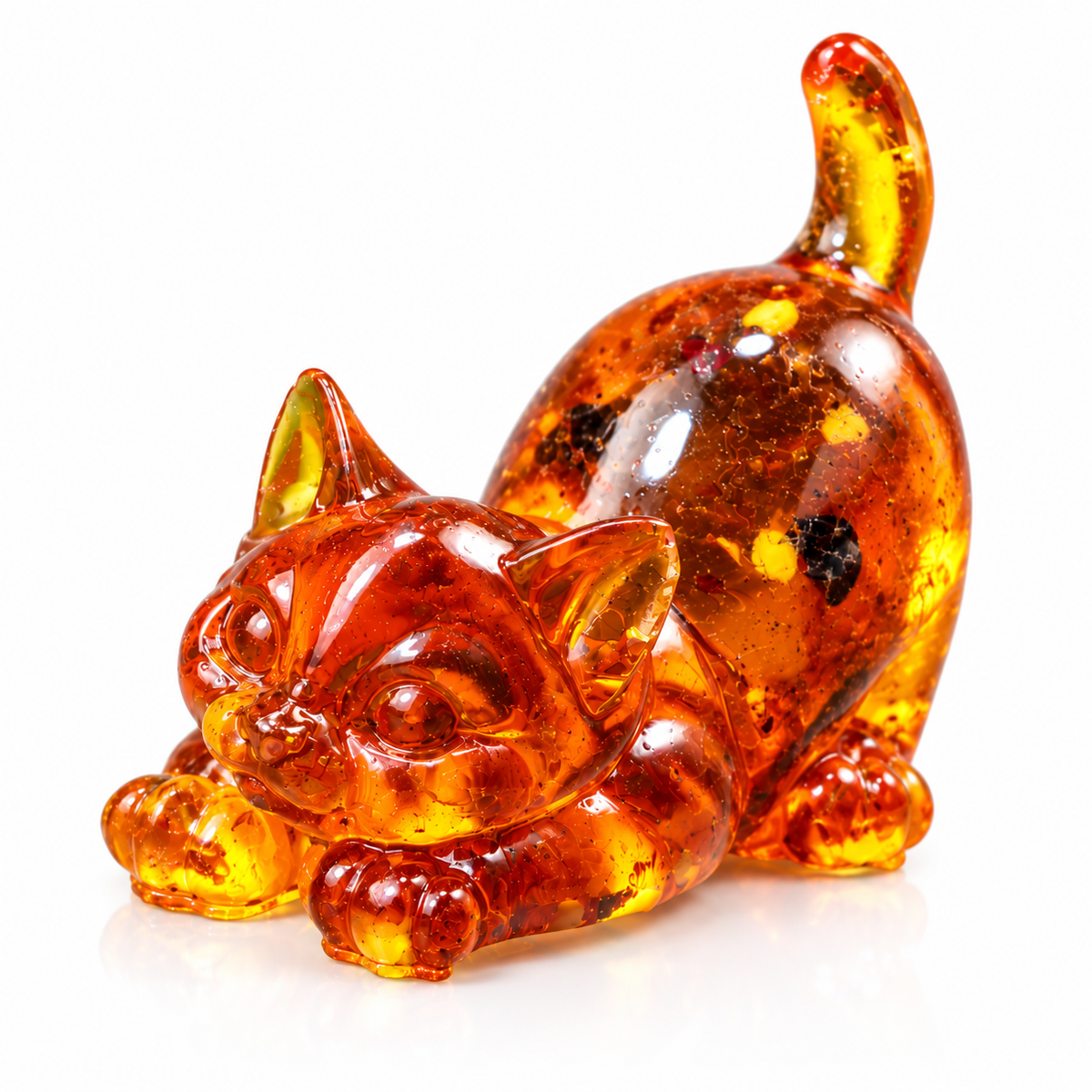 Natural Baltic amber golden cat figurine on white background, playful stretching kitten with raised tail, cognac and honey amber, handmade in Brooklyn NY by KIZIMA®