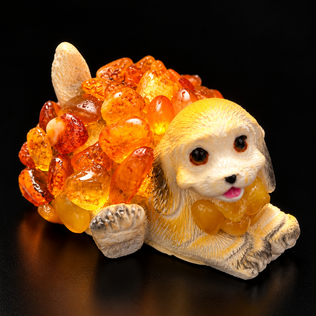 Made in USA natural Baltic amber Golden Retriever puppy figurine, lying cream puppy in hand-laid amber mosaic on ceramic, glowing on black studio background — KIZIMA® Brooklyn NY