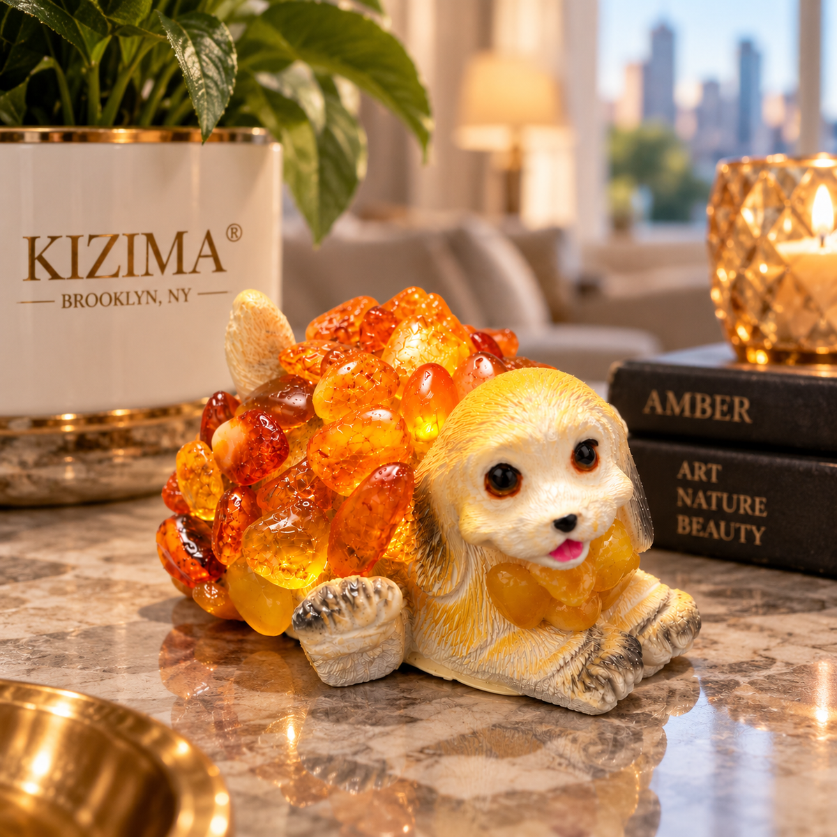 Made in USA natural Baltic amber Golden Retriever puppy figurine as desk decor with KIZIMA® Brooklyn gift box and city view — dog lover gift
