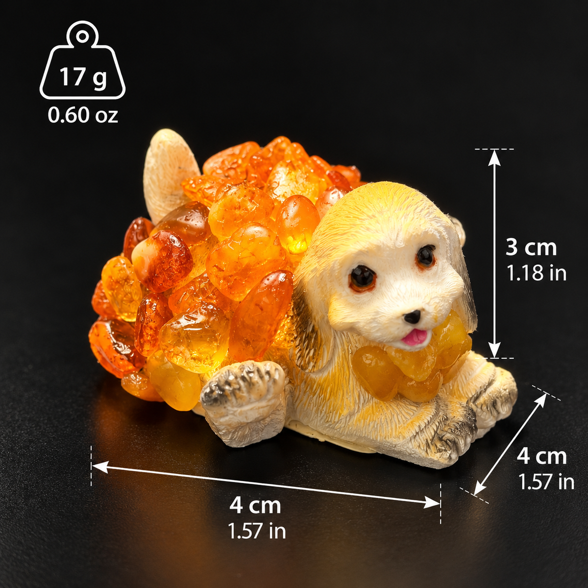 Made in USA natural Baltic amber Golden Retriever puppy figurine size chart — 3 cm (1.18 in) tall, 4 cm (1.57 in) long, 4 cm (1.57 in) deep, 17 g (0.60 oz) — KIZIMA® Brooklyn NY