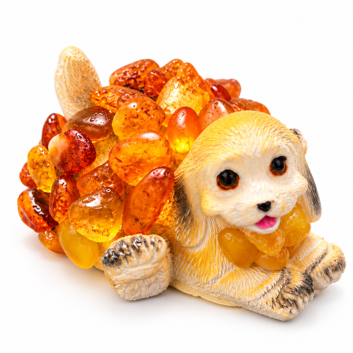 Made in USA natural Baltic amber Golden Retriever puppy figurine on white background — lying puppy with floppy ears in amber mosaic on ceramic, KIZIMA® Brooklyn NY