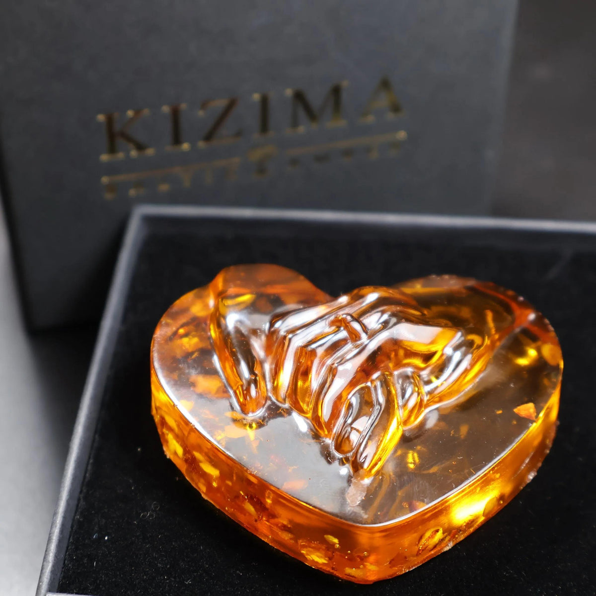 Made in USA Natural Baltic Amber heart in a gift box by KIZIMA®, handcrafted amber keepsake from Brooklyn, New York — main view