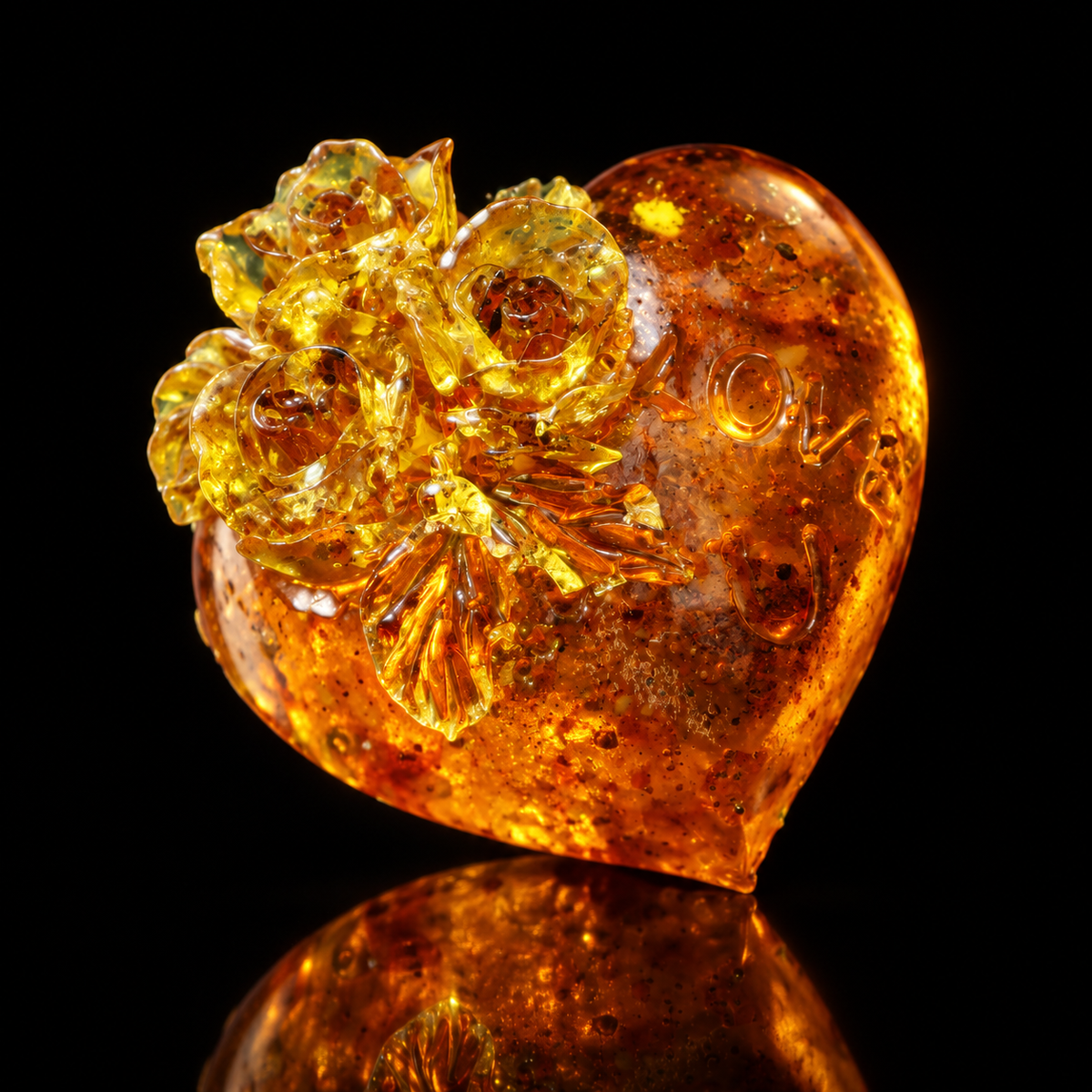 Genuine Baltic amber floral heart on a black studio backdrop, handcrafted in Brooklyn New York by KIZIMA®, Made in USA