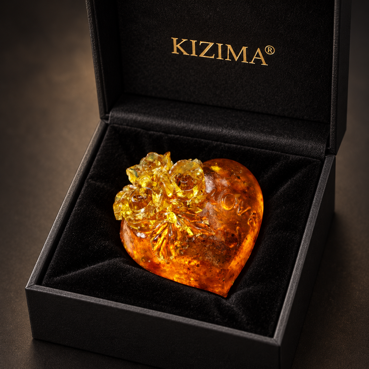 Baltic amber floral heart with KIZIMA® black gift box, ready-to-give Mother's Day and Valentine's Day gift for her