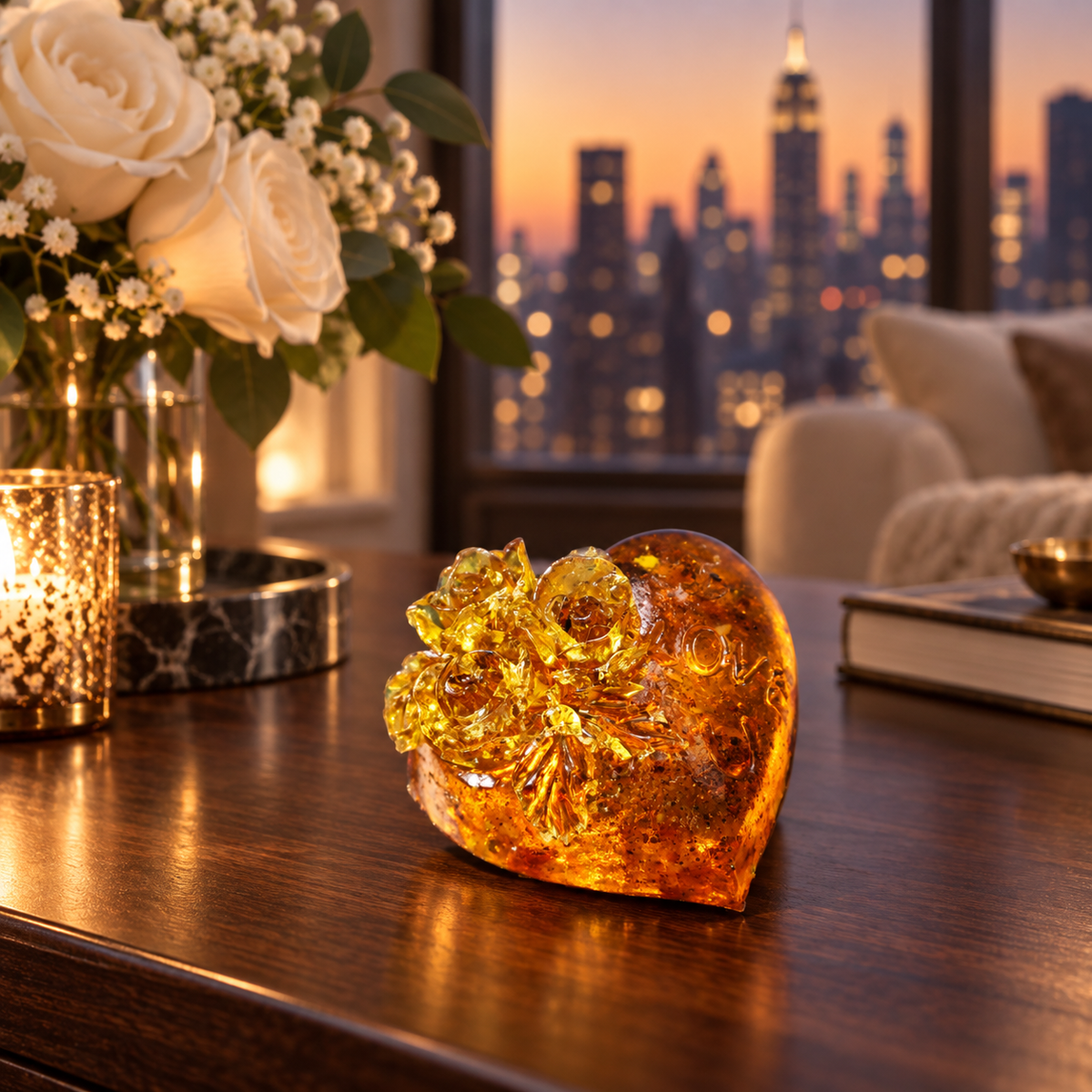 Natural Baltic Amber heart with a hand-set amber flower in a Manhattan interior, Made in USA romantic home decor by KIZIMA®