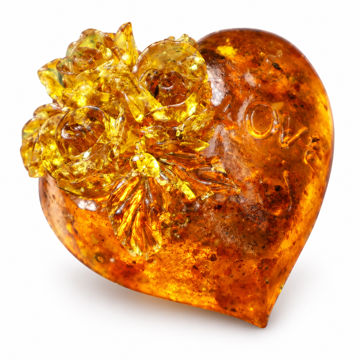 Made in USA Natural Baltic Amber heart with flower accent by KIZIMA® on a clean white background, floral amber keepsake gift for her