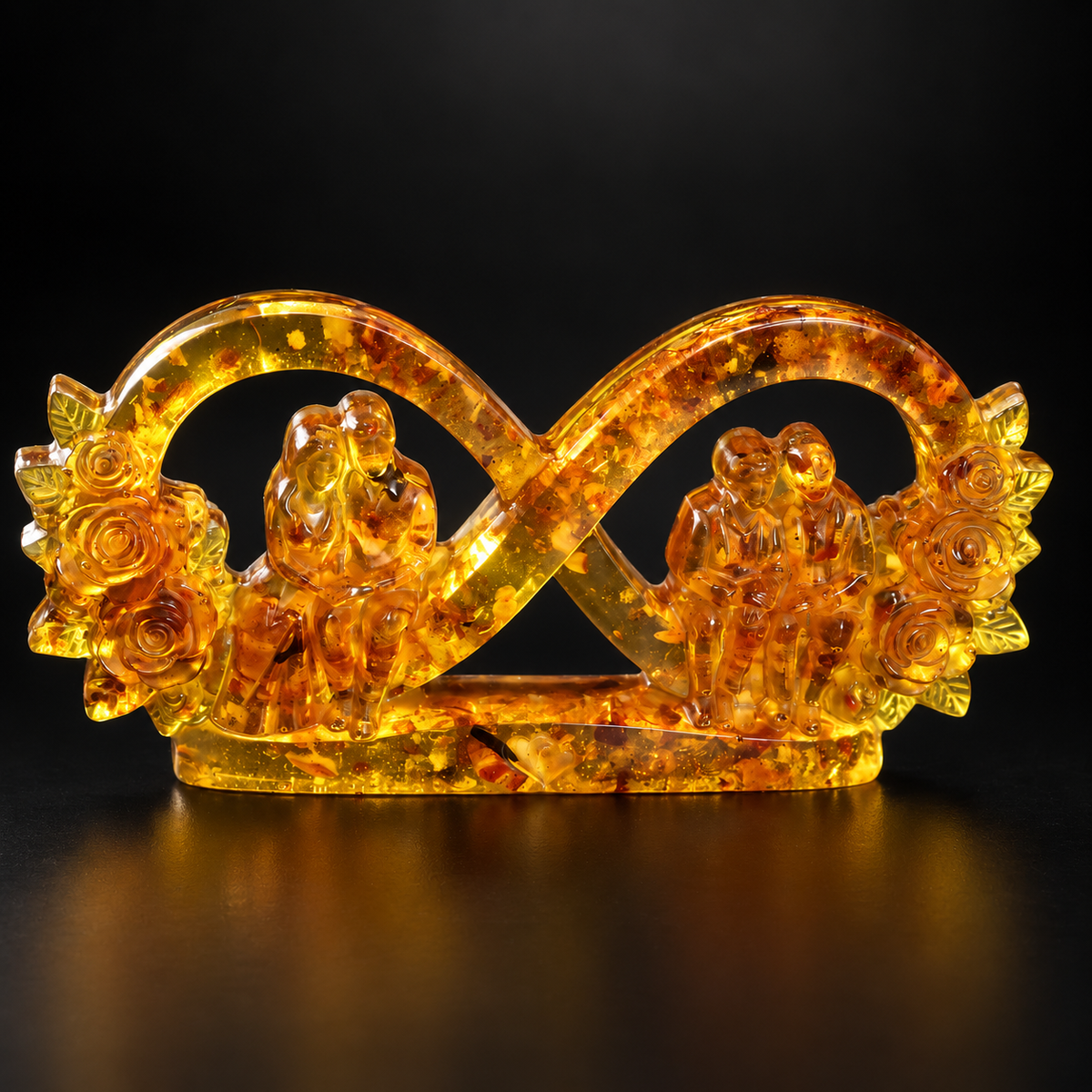 Made in USA Natural Baltic Amber infinity love sculpture by KIZIMA® on a black studio backdrop, bride and groom and grandparents