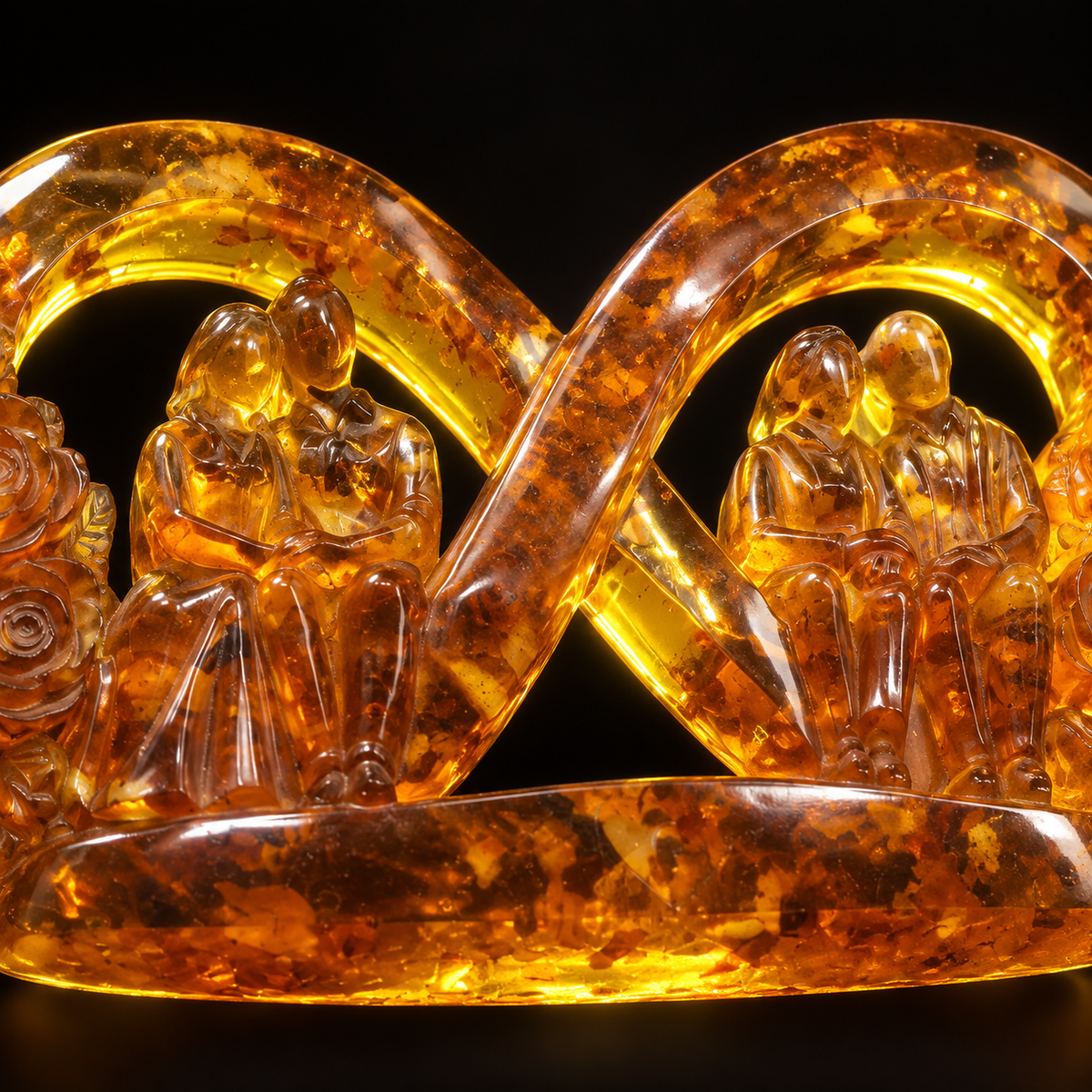 Macro detail of hand-carved grandparents figures in genuine Baltic amber, KIZIMA® infinity keepsake made in Brooklyn