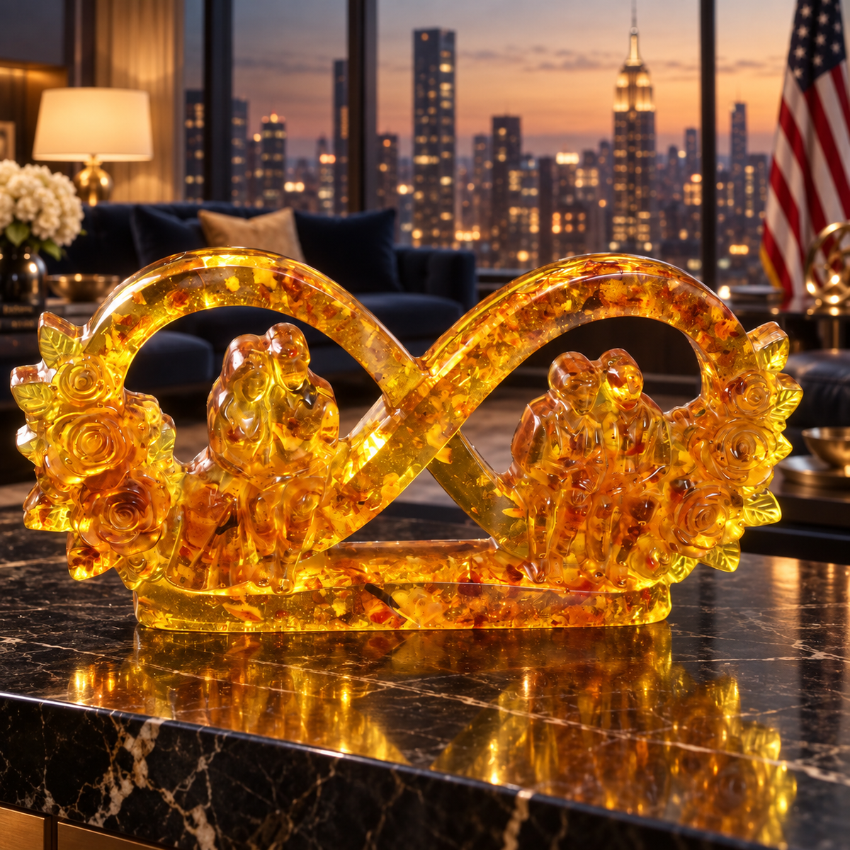 Natural Baltic Amber infinity love sculpture on a shelf in a Manhattan interior, Made in USA anniversary gift for parents
