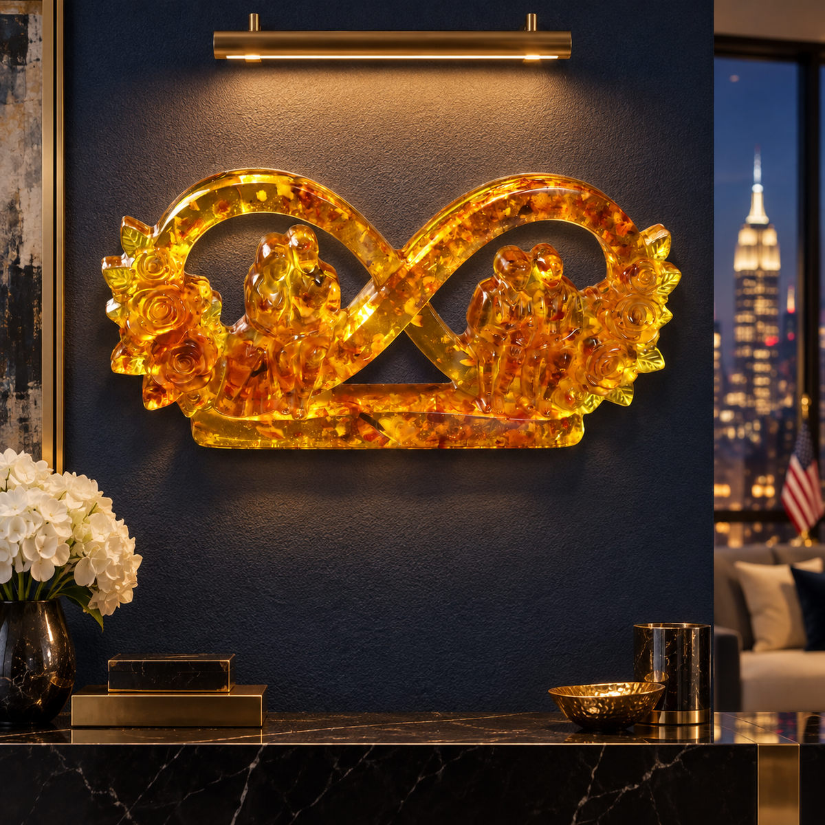 Baltic amber infinity sculpture hung as wall decor, young couple and grandparents, golden anniversary gift by KIZIMA®