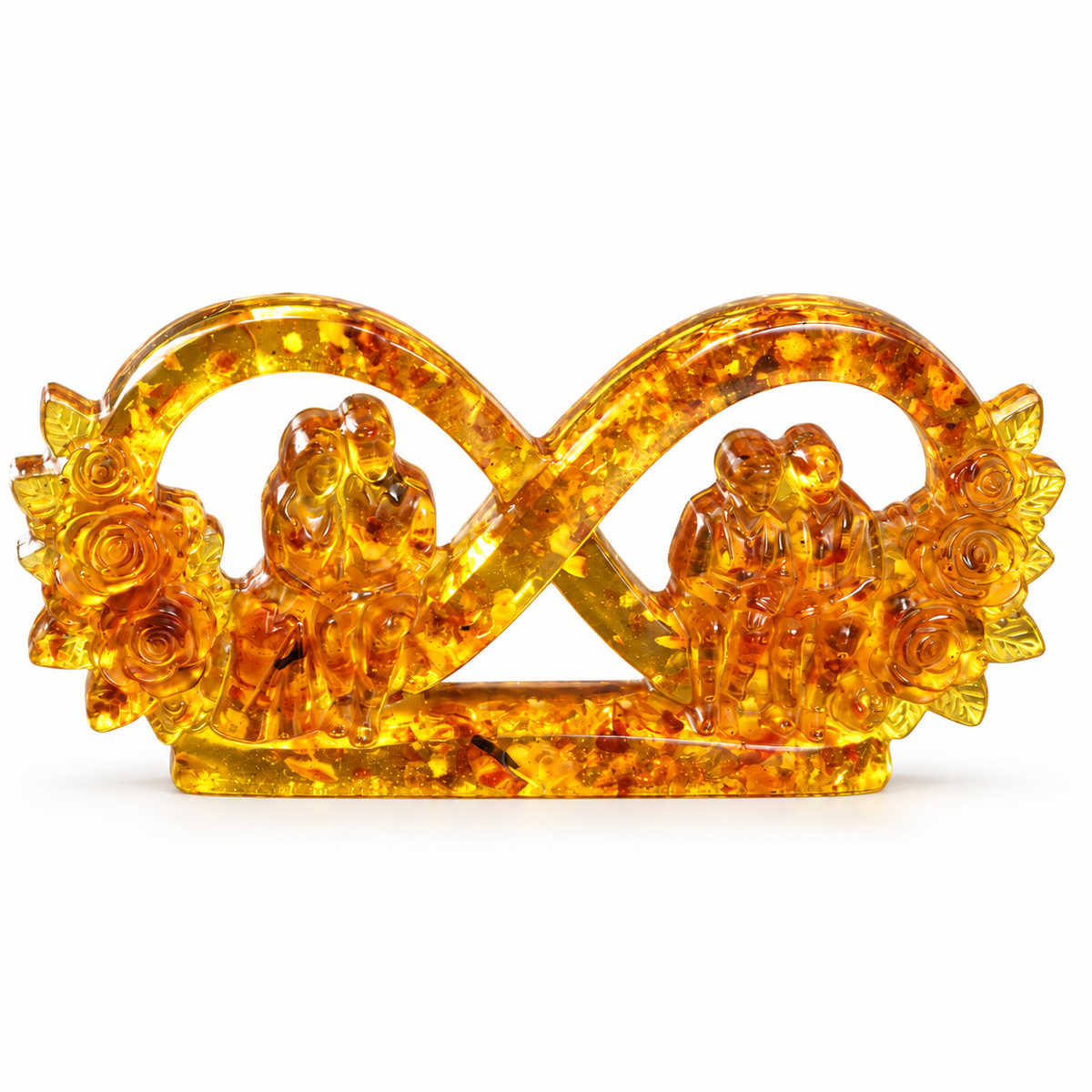 Genuine Baltic amber infinity love sculpture on a white background, handcrafted in Brooklyn New York by KIZIMA®