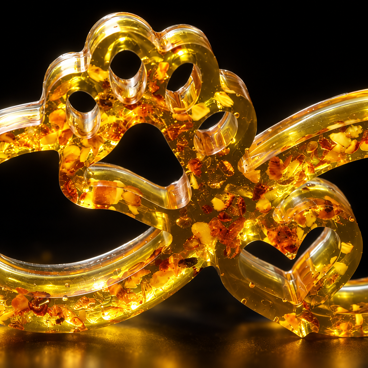 Macro detail of the dog paw and cat paw joined by the infinity symbol in genuine Baltic amber, Made in USA by KIZIMA®
