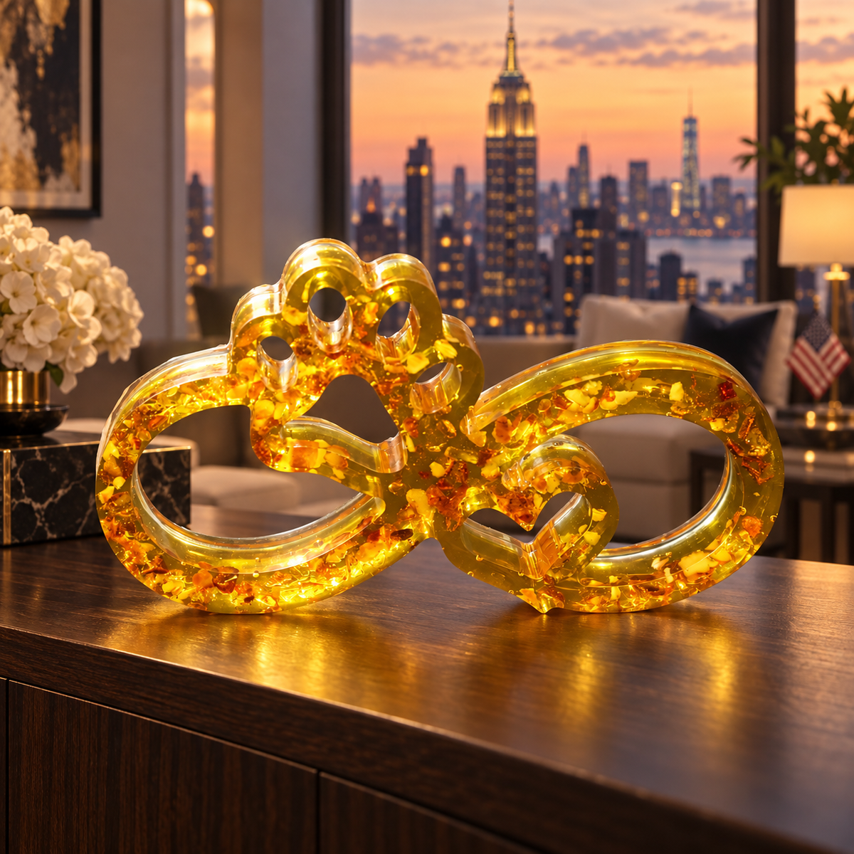 Baltic amber infinity paw keepsake on a shelf in a Manhattan interior, gift for a dog and cat lover, handmade in Brooklyn