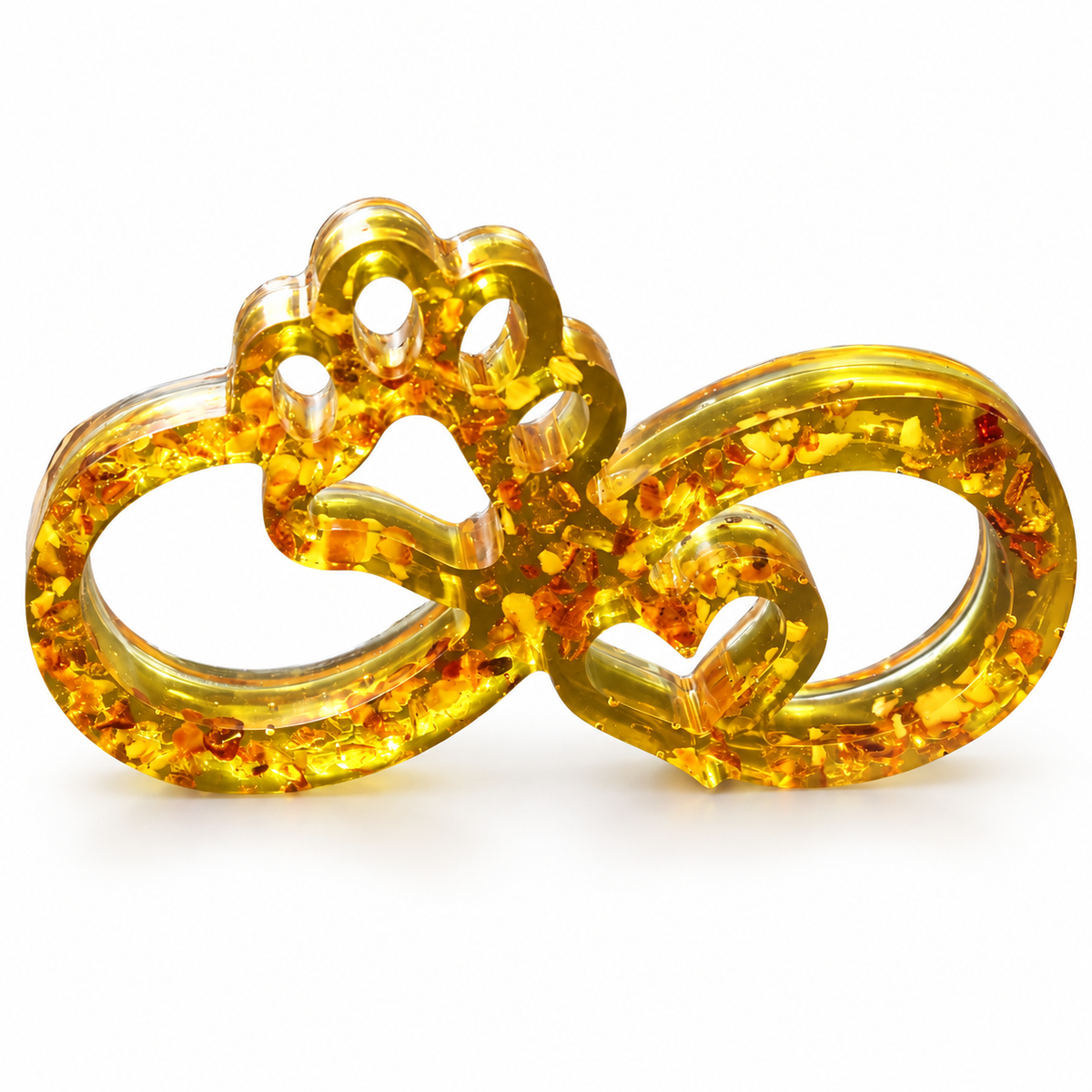 Genuine Baltic amber infinity paw sculpture on a white background, pet sympathy gift handcrafted by KIZIMA®