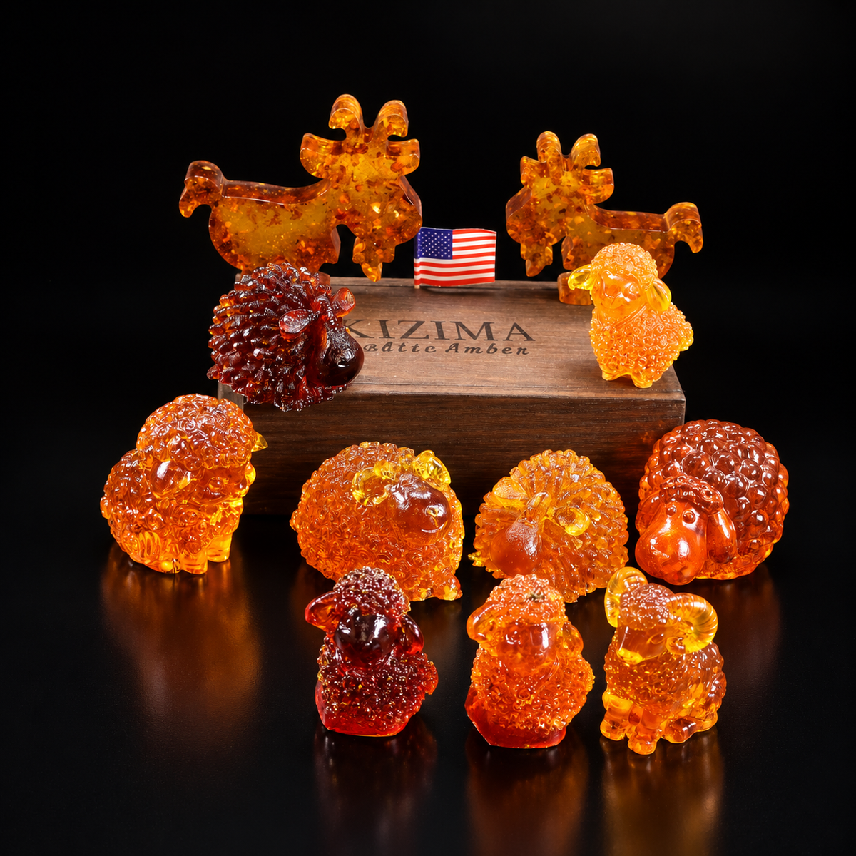 KIZIMA® 2027 Christmas collection of Natural Baltic Amber sheep, rams, lamb and Yule goat on a black studio backdrop, Made in USA