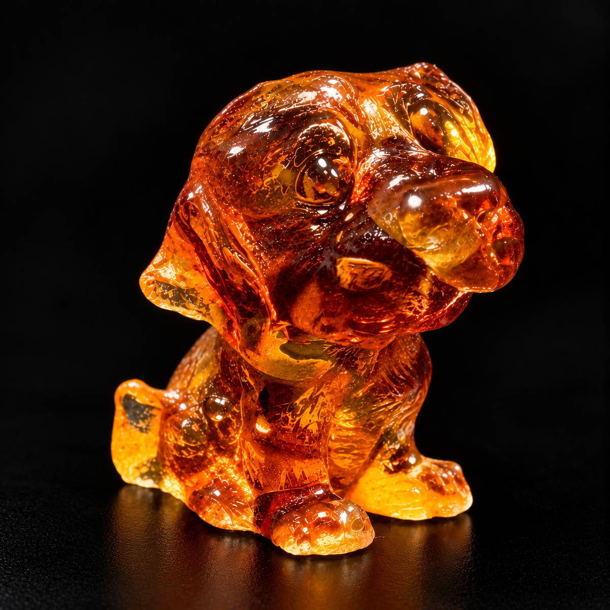 Made in USA natural Baltic amber Labrador puppy figurine close-up — honey and cognac amber with natural inclusions, handcrafted by KIZIMA® Brooklyn NY