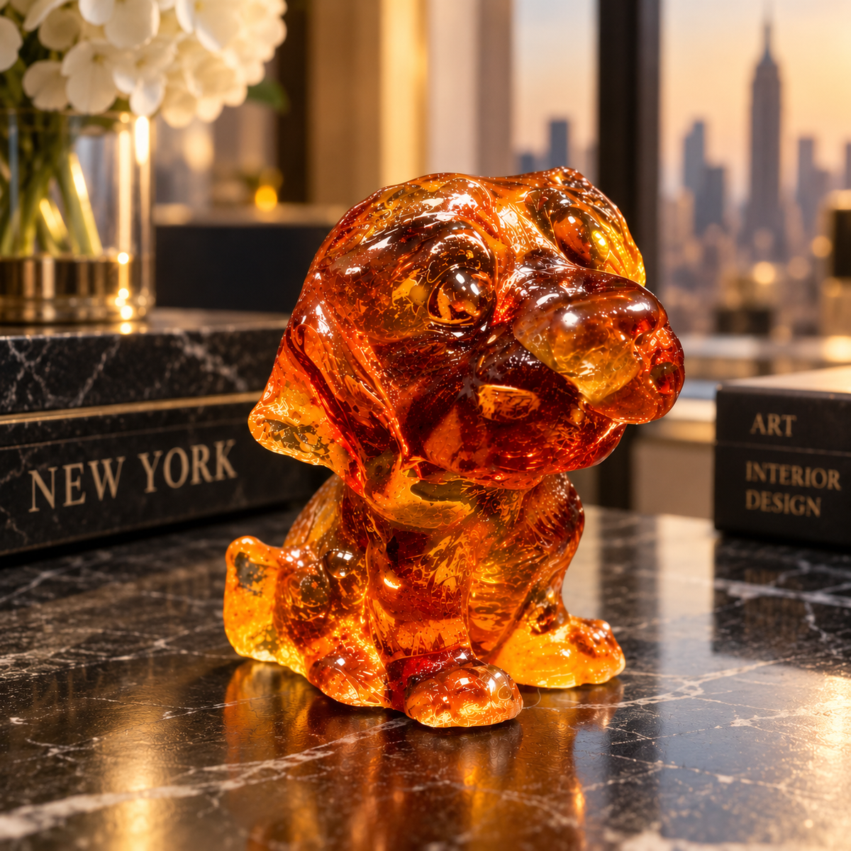 Made in USA natural Baltic amber Labrador puppy figurine as desk decor on a marble console with Manhattan skyline — tiny puppy gift by KIZIMA® Brooklyn NY