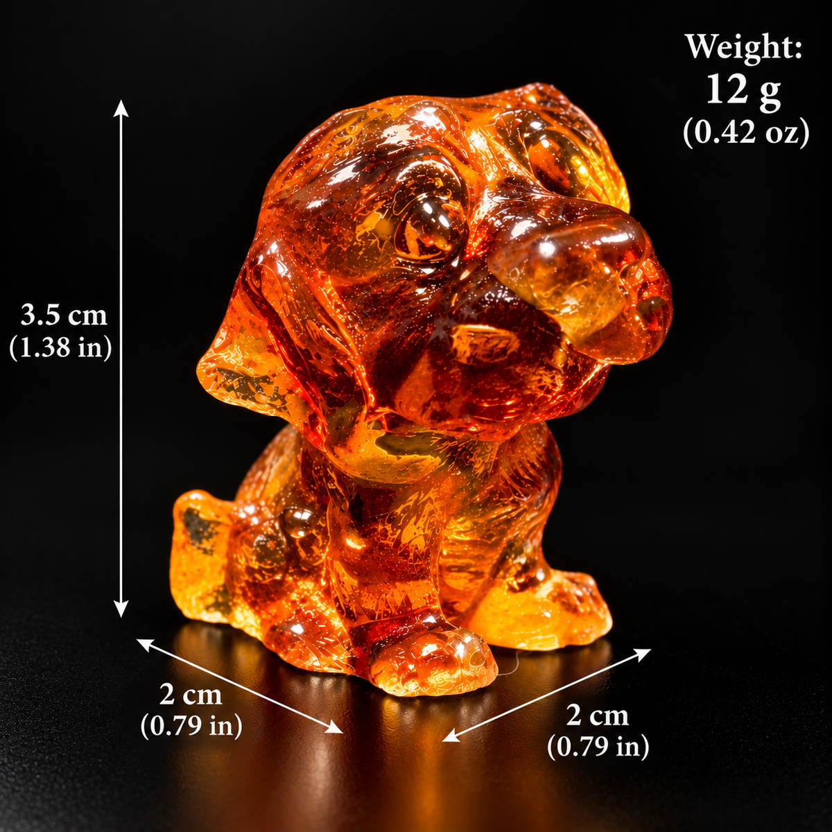 Made in USA natural Baltic amber Labrador puppy figurine size chart — 3.5 cm (1.38 in) tall, 2 cm (0.79 in) deep, 2 cm (0.79 in) wide, 12 g (0.42 oz) — KIZIMA® Brooklyn NY