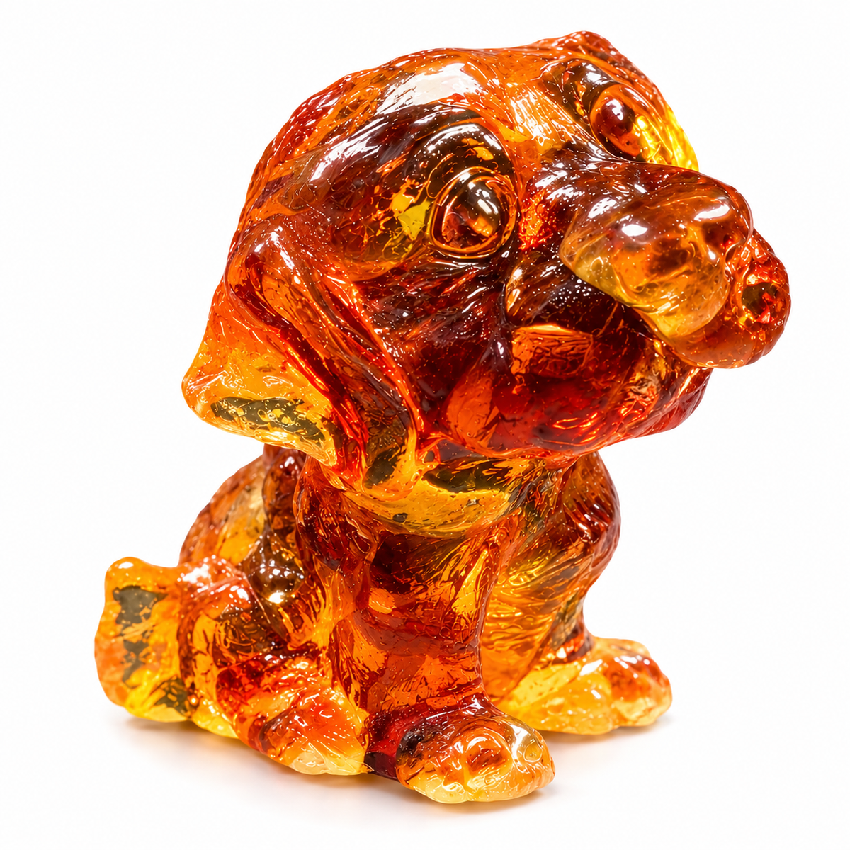 Made in USA natural Baltic amber Labrador puppy figurine on white background — miniature sitting puppy in translucent honey amber with natural inclusions, KIZIMA® Brooklyn NY
