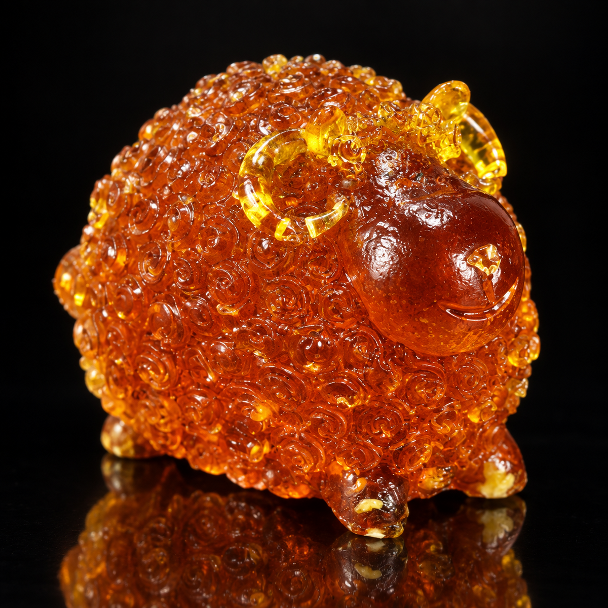Made in USA Natural Baltic Amber large ram figurine by KIZIMA® on a black studio backdrop, Christmas and New Year 2027 gift