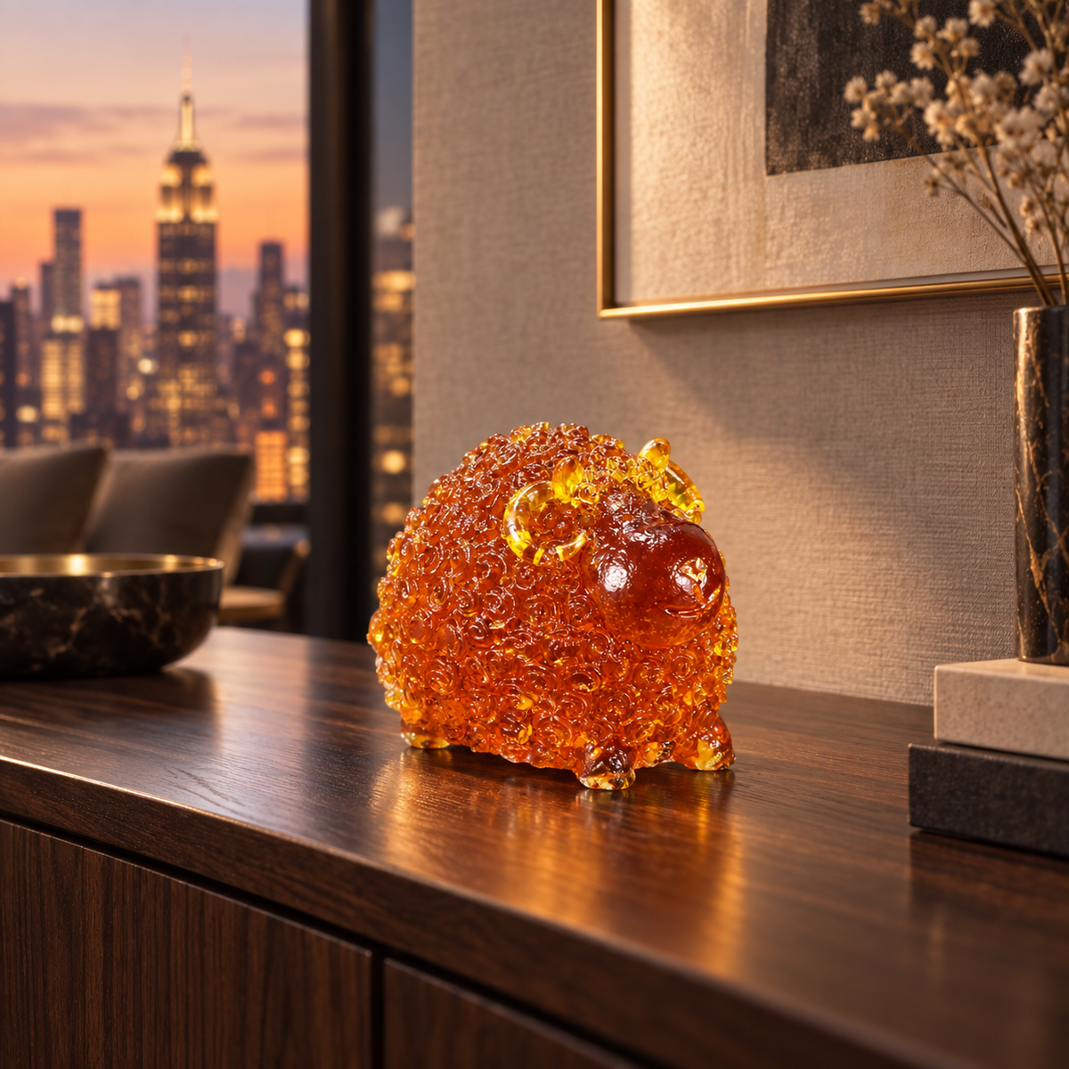 Baltic amber ram with curled horns on a shelf in a Manhattan interior, Year of the Goat decor handmade in Brooklyn