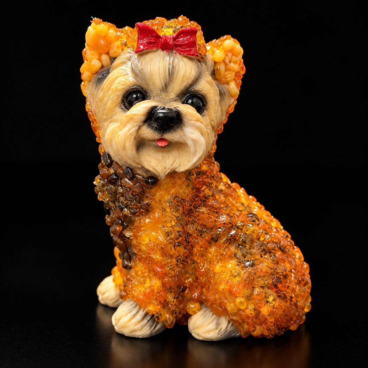Made in USA natural Baltic amber large Yorkshire Terrier figurine, 14 cm sitting Yorkie with red bow in hand-laid amber mosaic on ceramic, black studio background — KIZIMA® Brooklyn NY