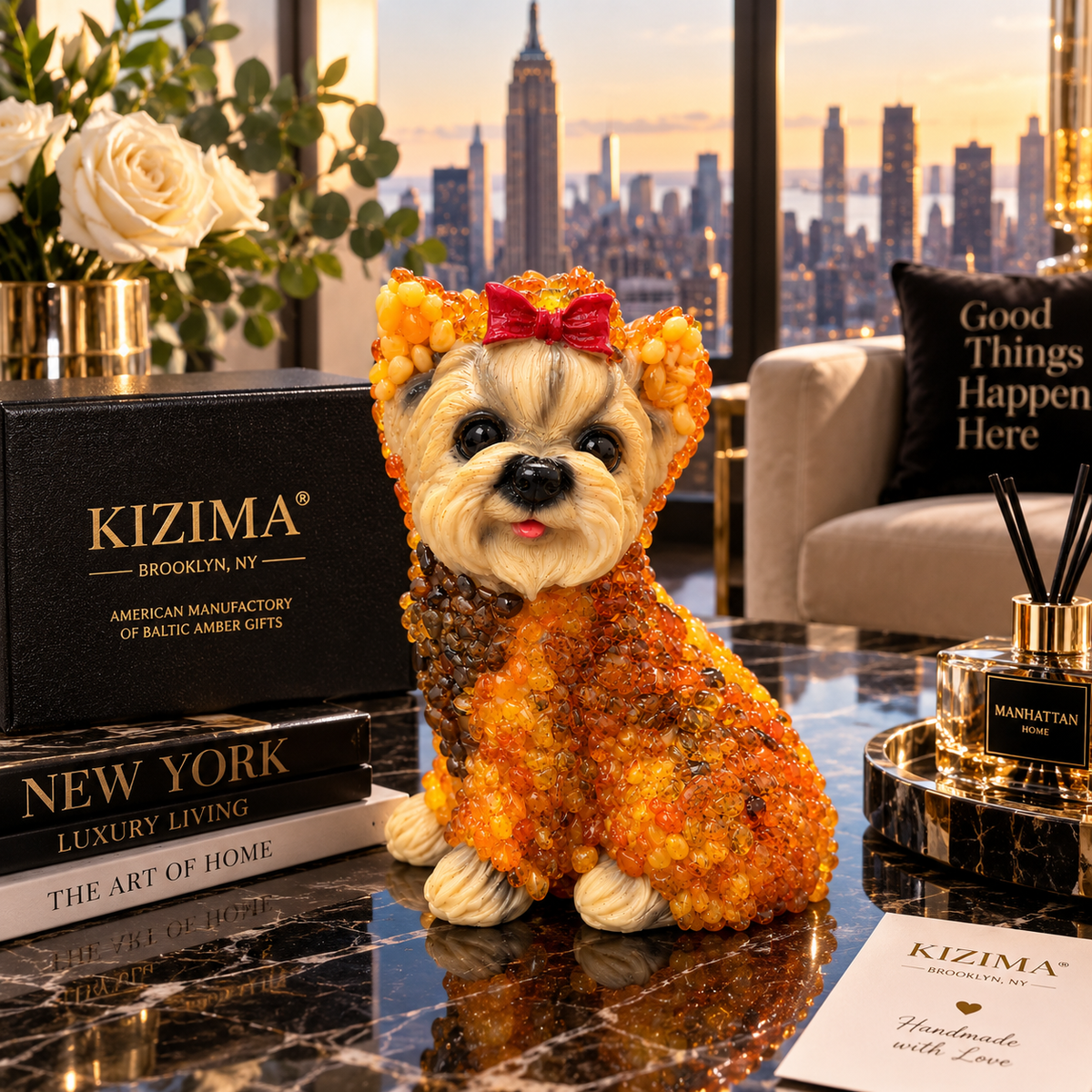 Made in USA natural Baltic amber large Yorkshire Terrier figurine on a marble console with KIZIMA® gift box and Manhattan skyline — statement amber sculpture, Brooklyn NY
